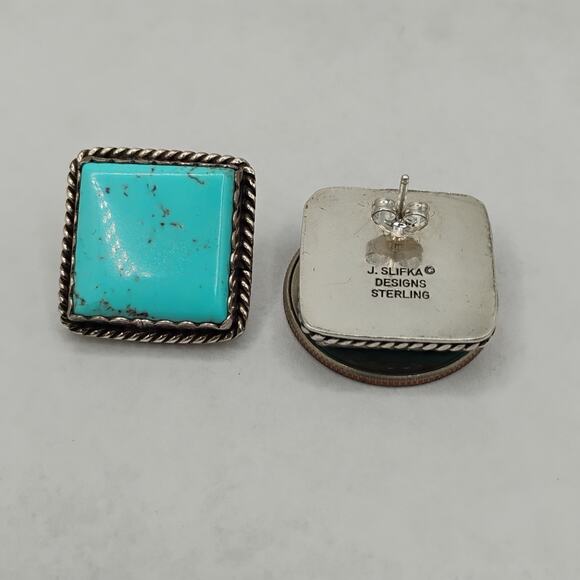 Joan Slifka Square Turquoise and Sterling Silver Post Back Earrings - Picture 4 of 5